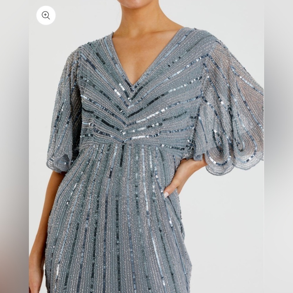 NWT |Mac Duggal 93583 Slate Blue Grey Sequined V Neck Cape Sleeve Gown Size 10